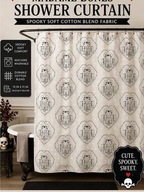 Madame Bones Cream Cotton-Blend Shower Curtain with Heart Skeleton Pattern